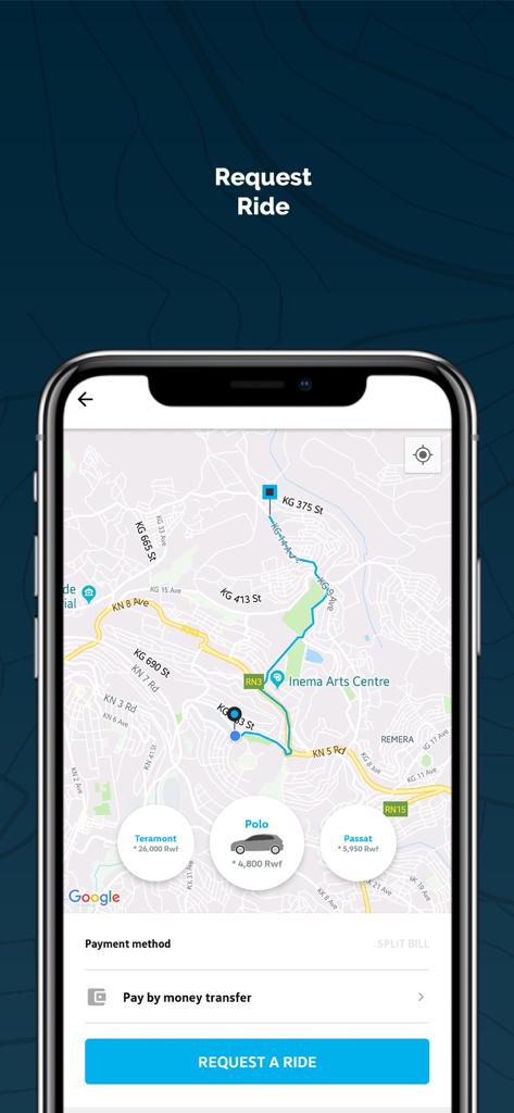 Interface of the Move by Volkswagen app showing a map with a route and vehicle options like Polo and Passat to request a ride