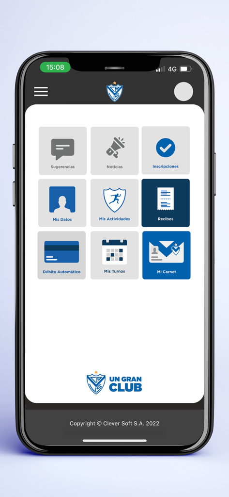 Interfaz principal de la app Mi Velez que muestra opciones para recibos de noticias y carnet digital de socio