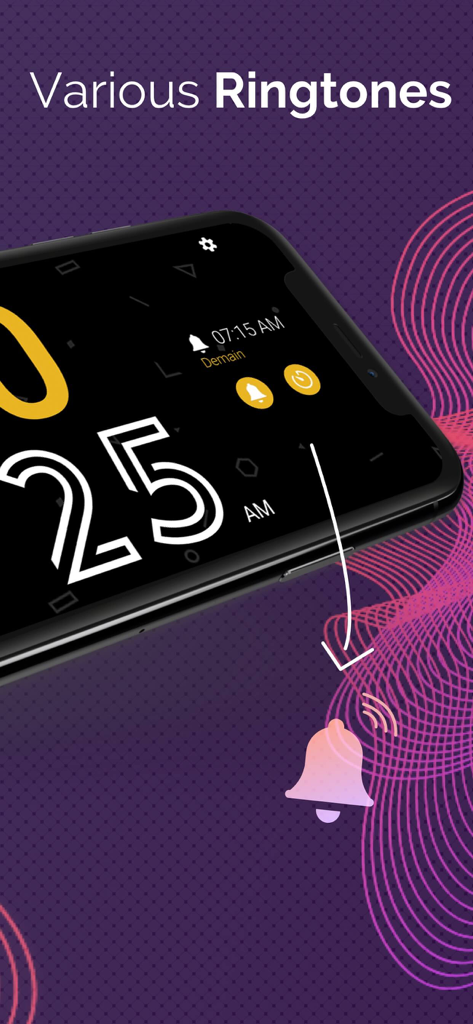 Alarm Clock Radio & Reminders - Smartphone exibindo o aplicativo de rádio despertador com várias opções de toque