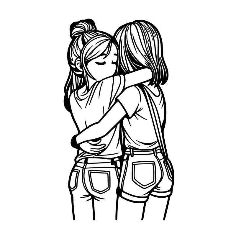 two girls hugging realistic