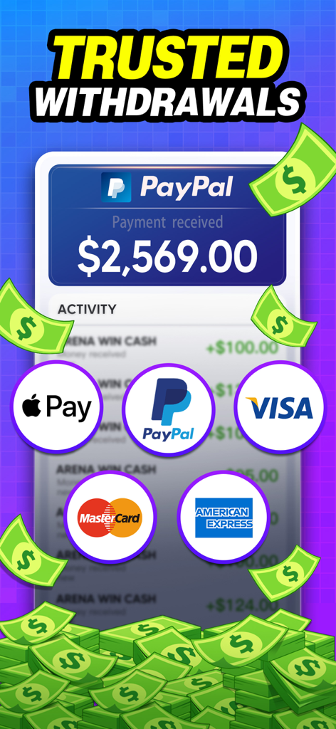 Arena for Cash - Arena for Cash app screenshot showing secure withdrawal methods like PayPal Apple Pay Visa and Mastercard with a payment notification