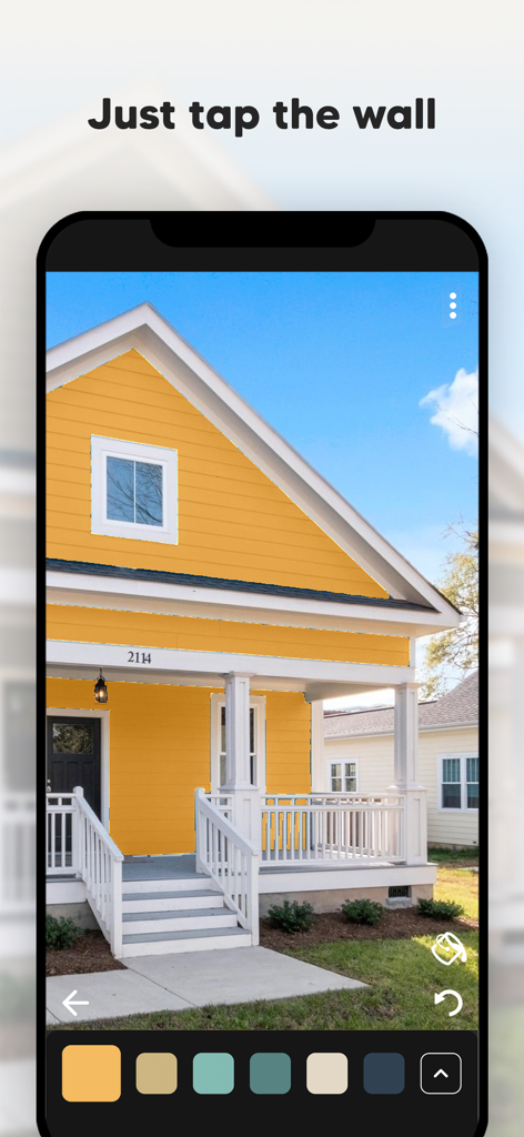 Paint my House: change color - Mobile app interface showing a suburban house with yellow exterior paint visualization and color selection swatches