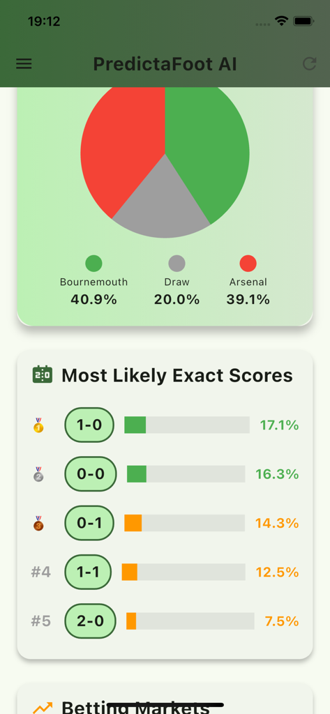 PredictaFootIA - Interface of PredictaFoot AI showing win percentages and predicted scores for a football match