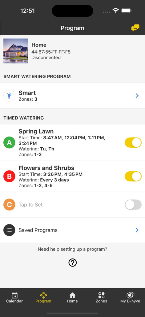 B-hyve mobile app interface showing smart and timed watering programs for lawn and garden zones