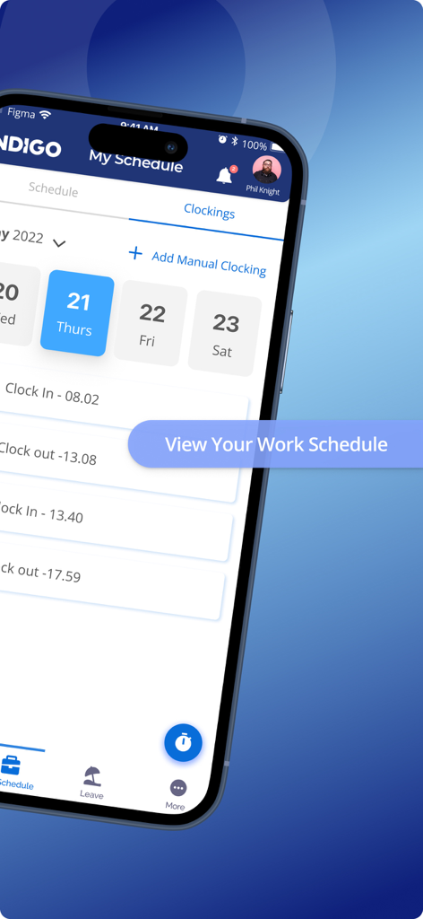 Indigo Mobile - Indigo Mobile app interface showing work schedule and attendance clockings