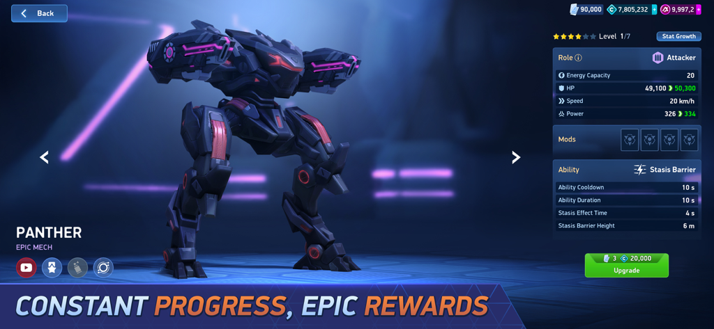 Panther Epic Mech upgrade screen in Mech Arena showing combat stats and abilities