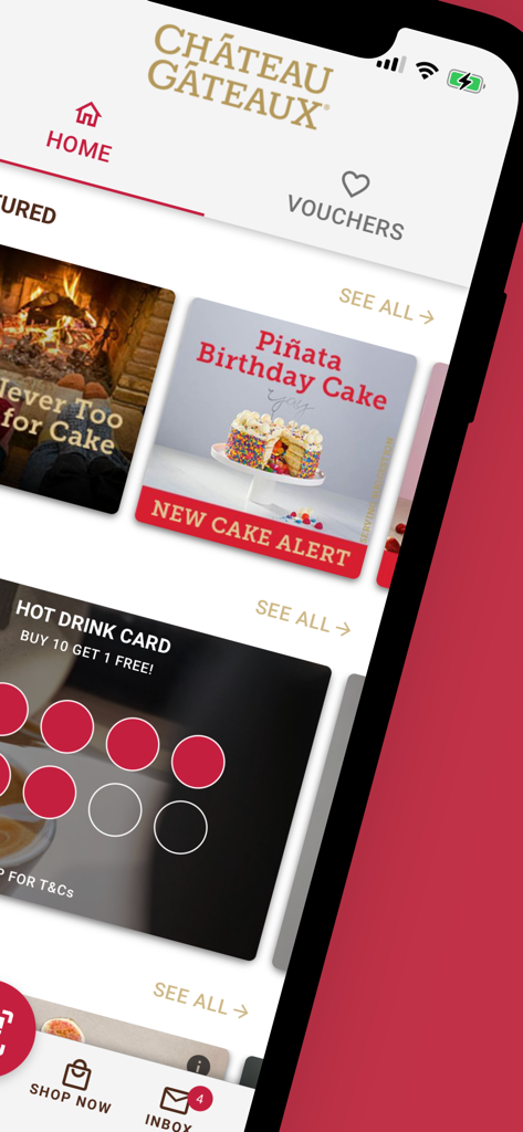 Chateau Gateaux mobile app interface featuring new cakes and loyalty rewards