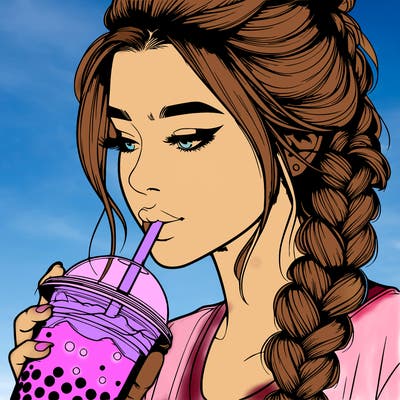 realistic girl drinking boba tea with braided hair