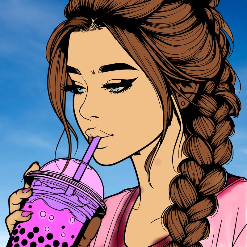 realistic girl drinking boba tea with braided hair