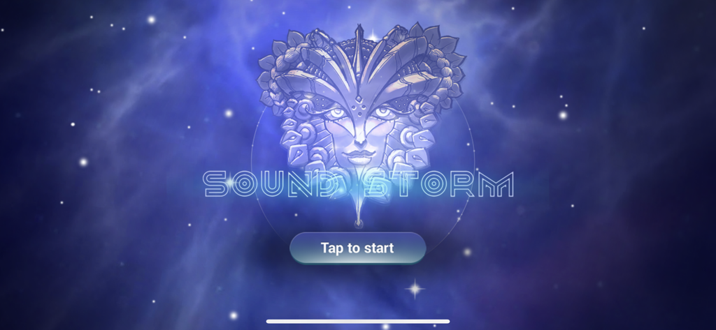 スペースファンタジーの背景と定型化された女神の仮面ロゴが描かれたSound Stormアプリのスタート画面