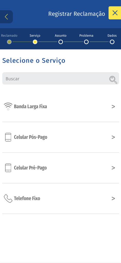 Tela de seleção de serviço no aplicativo Anatel Consumidor Mobile para registrar reclamações de telecomunicações.