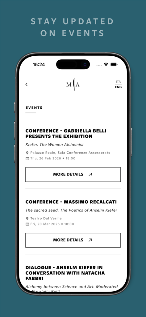 Marsilio Arte - Marsilio Arte app showing a list of cultural events and art conferences in Italy