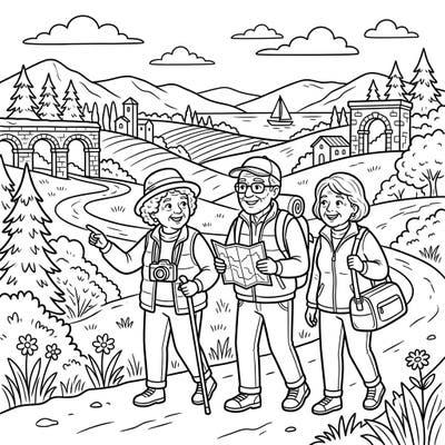 Capture the spirit of adventure with this delightful coloring page featuring three cheerful seniors on a scenic hike. It's perfect for celebrating travel and the joy of discovery at any age, offering clear lines and engaging details.