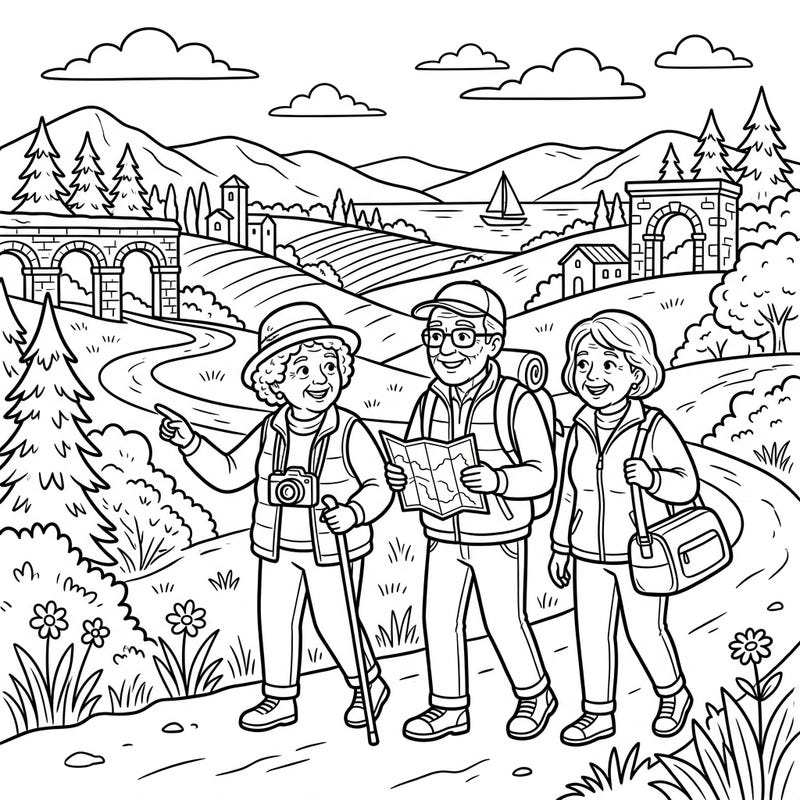 Capture the spirit of adventure with this delightful coloring page featuring three cheerful seniors on a scenic hike. It's perfect for celebrating travel and the joy of discovery at any age, offering clear lines and engaging details.