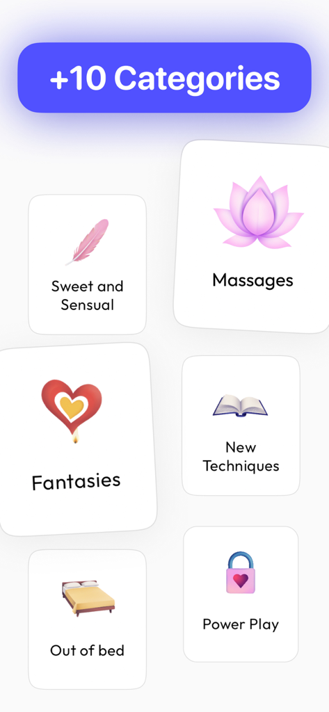 Melba App-Oberfläche, die Beziehungskategorien wie Massagen und Fantasien anzeigt.