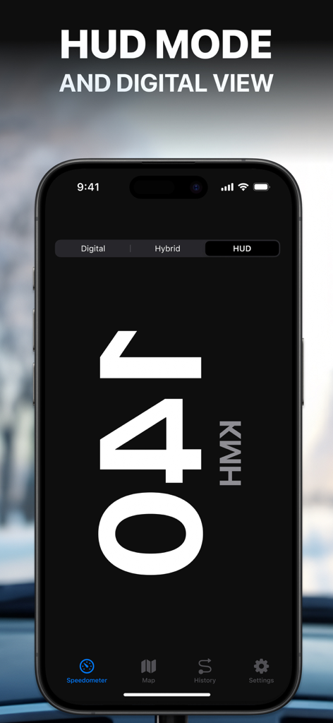 GPS Speedometer: HUD Speed - GPS Speedometer app interface showing the mirrored HUD mode for car windshield projection