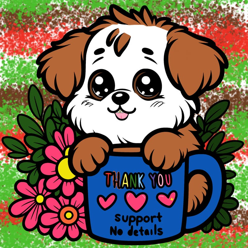 a really cute puppy holding a thank you for support mug with flowers everywhere