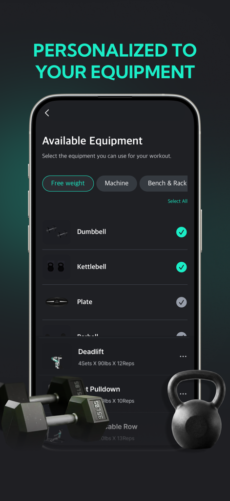 Planfit app screen showing available gym equipment selection for personalized workouts