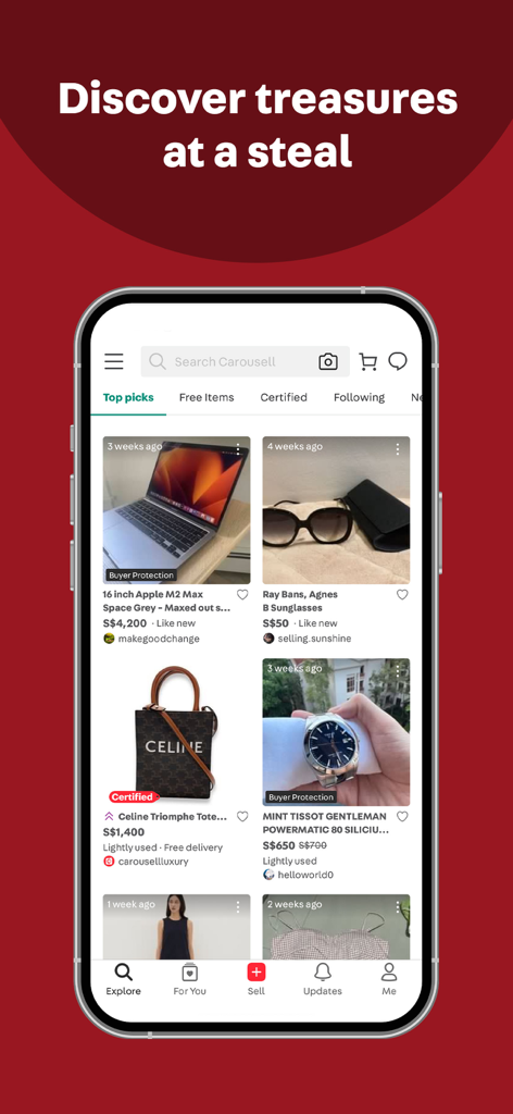 Carousell app interface showing a feed of secondhand items including a laptop, sunglasses, luxury bag, and watch with buyer protection labels