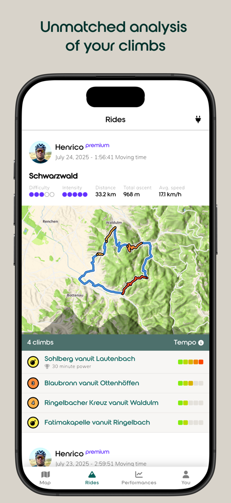 climbfinder - cols & hills - Interfaccia dell'app che mostra l'analisi di una corsa ciclistica con mappa e dettagli della salita