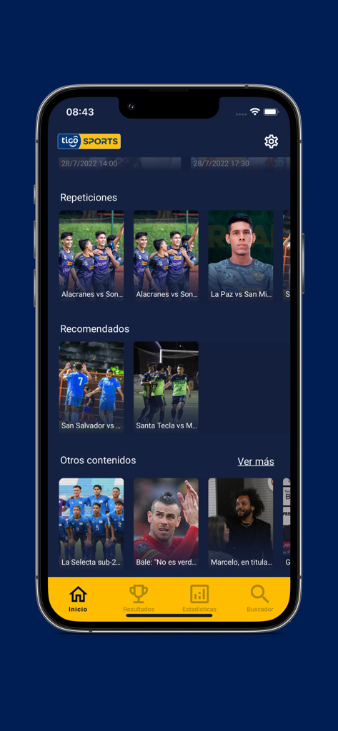 Tigo Sports El Salvador - Interfaz de la aplicación Tigo Sports El Salvador mostrando repeticiones de partidos y destacados de noticias deportivas en un iPhone.