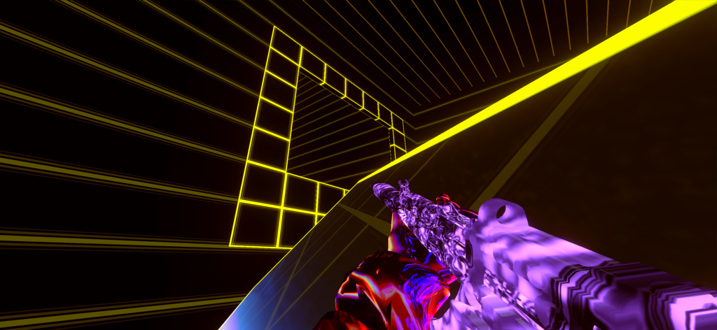 Vista en primera persona de la jugabilidad de parkour de Surf GO en un nivel cyberpunk de neón con una skin de arma personalizada