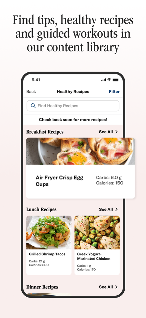 Lilly Health™ - Capture d'écran de l'application Lilly Health montrant une bibliothèque de recettes saines pour le petit-déjeuner et le déjeuner, y compris des données nutritionnelles pour les glucides et les calories.
