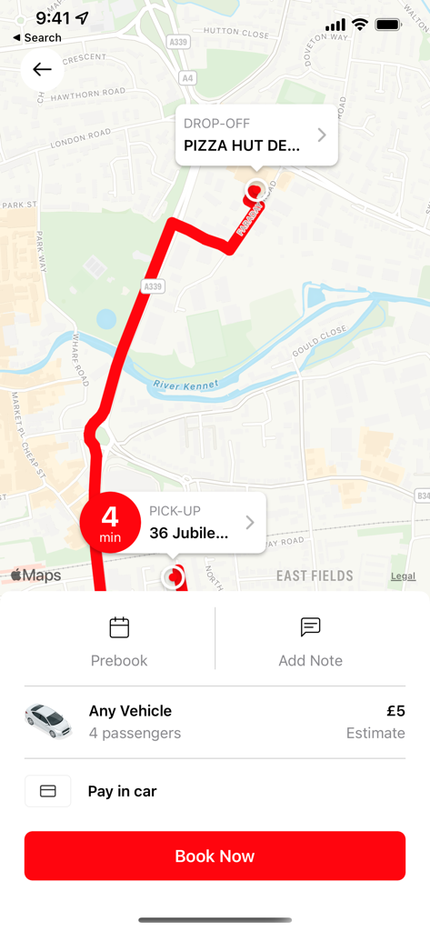 Cabco Newbury - Cabco Newbury taxi booking app interface showing a route on a map with a price estimate and book now button