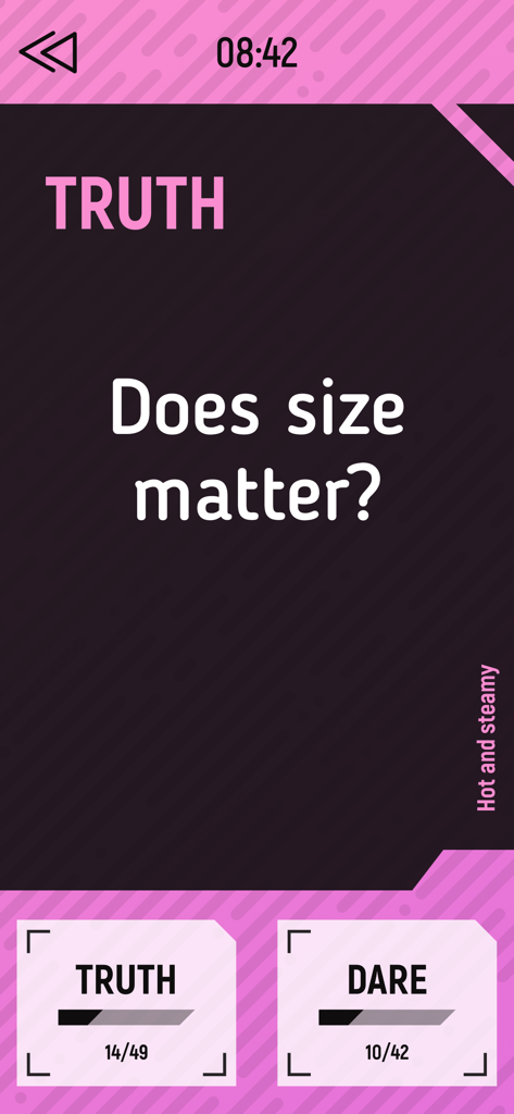 A truth question screen in the Truth or Dare Freaky Games app displaying the question Does size matter under the Hot and steamy category.