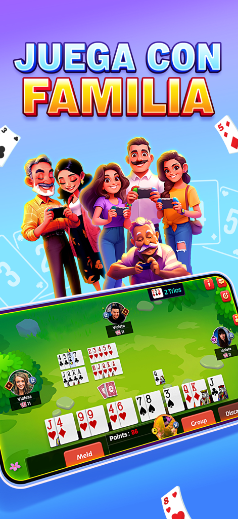 Cards CLUB (Carioca Club) - Famiglia multigenerazionale che gioca insieme al gioco di carte Cards CLUB Carioca Club sui dispositivi mobili