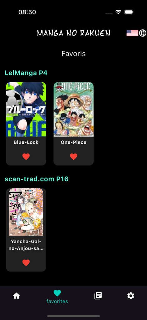 Manga No Rakuen - La pantalla de favoritos de la aplicación Manga No Rakuen mostrando títulos de manga como One Piece y Blue Lock en una interfaz oscura.