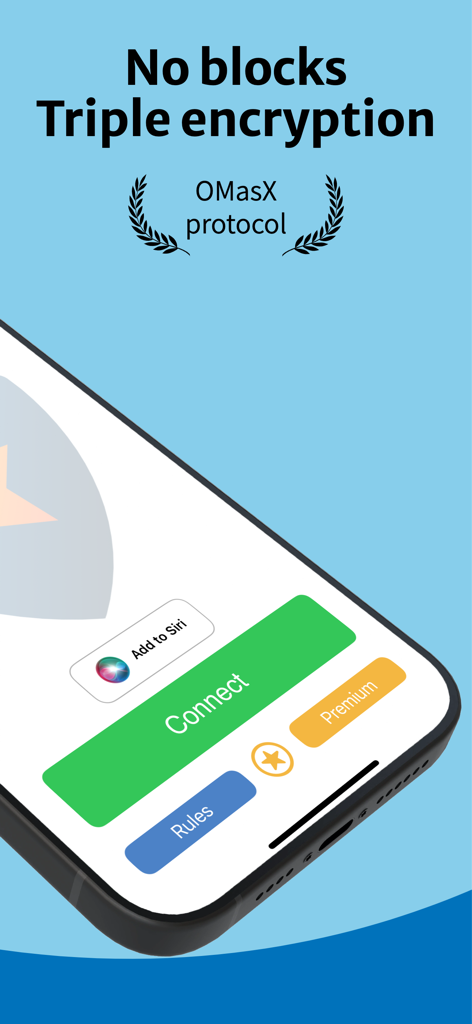 Interfaz de la aplicación móvil Astra VPN que muestra el cifrado triple del protocolo OMasX y la integración con Siri