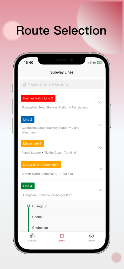 Guangzhou Metro Map app interface showing subway line list and route selection options