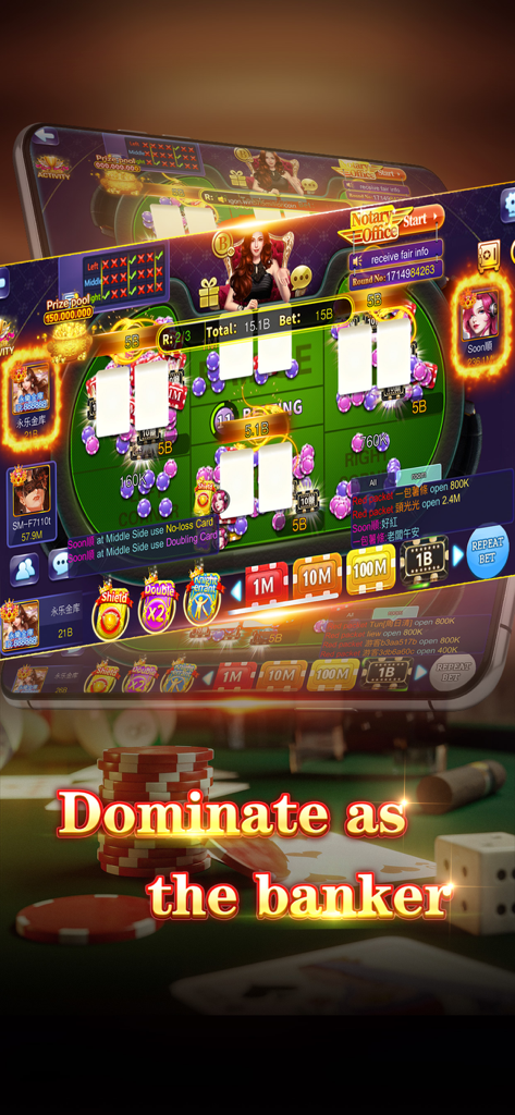 Pantalla del juego Pai Gow Master con una mesa de apuestas de casino y fichas con el texto Domina como banquero