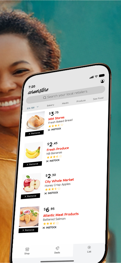 CornerStore - Smartphone displaying the CornerStore app interface with a list of local grocery items from New Brunswick retailers
