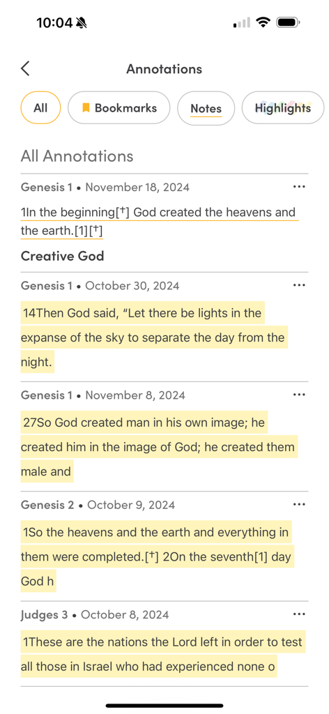 Lifeway On Demand - Lifeway On Demand app screen showing personal Bible study annotations including highlights and notes on scripture passages