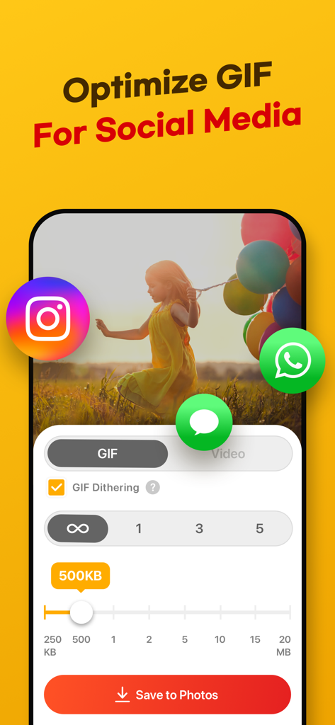 ImgPlay app interface showing settings to optimize GIF quality and file size for social media sharing