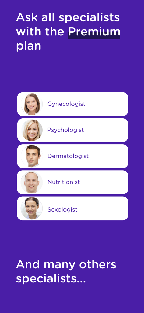 Liste de spécialistes médicaux disponibles sur l'application mediQuo incluant Gynécologue Psychologue Dermatologue Nutritionniste et Sexologue
