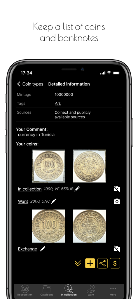 Maktun: Coin, Note Collection - Interface de l'application mobile montrant les détails de la pièce, la frappe et les catégories de collection comme "souhaité" et "échange"