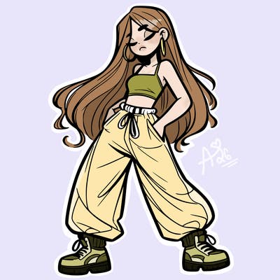 girl in baggy pants crop top and long hair