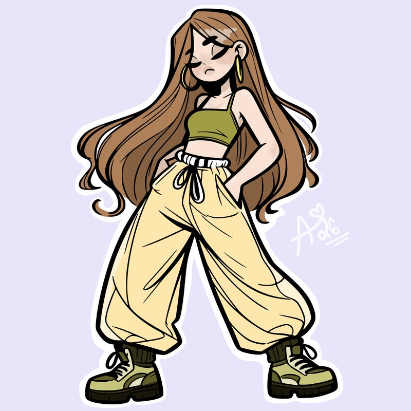 girl in baggy pants crop top and long hair