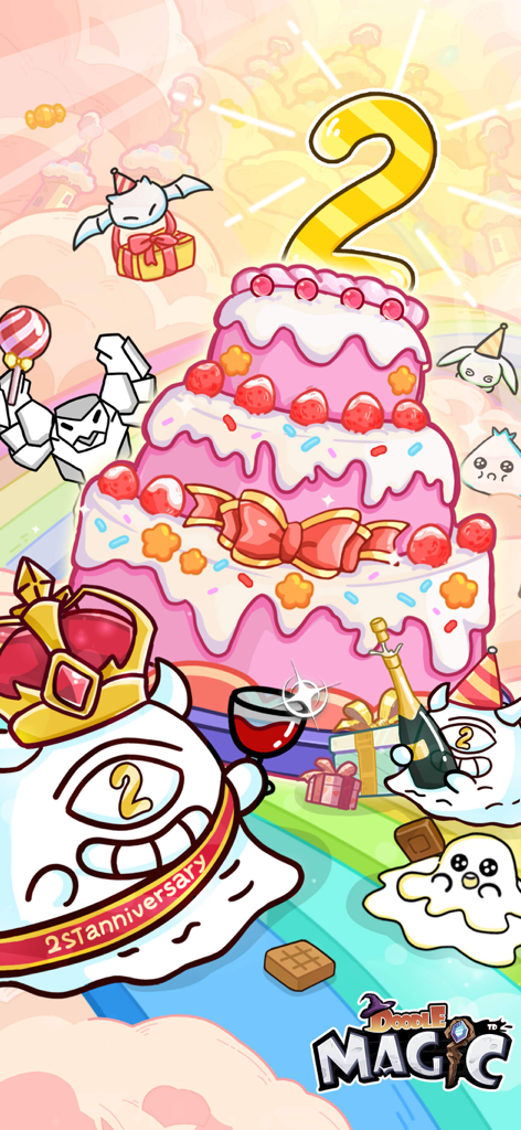 Doodle Magic: Wizard vs Slime - Doodle Magic monsters celebrating their 2nd anniversary with a large pink tiered cake.