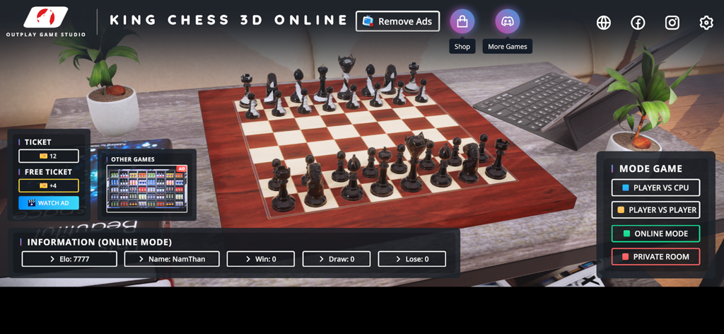 Menú principal del juego King Chess 3D Online mostrando un tablero de ajedrez 3D y opciones de modo de juego