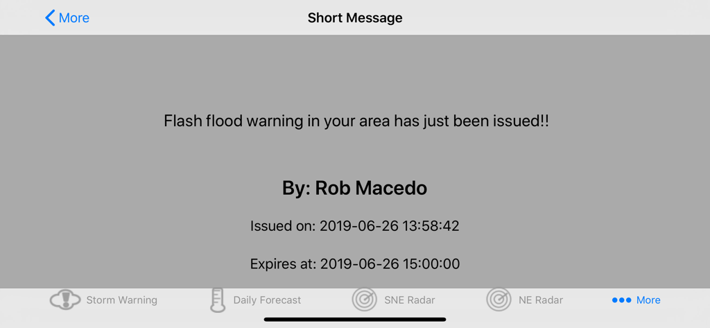 Precision Weather Forecasting - A professional flash flood warning alert message displayed on the Precision Weather Forecasting app screen.