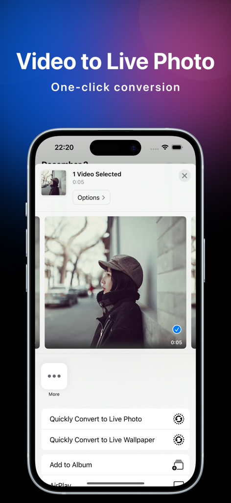 quickLive mobile app interface showing video to live photo conversion options on an iPhone screen