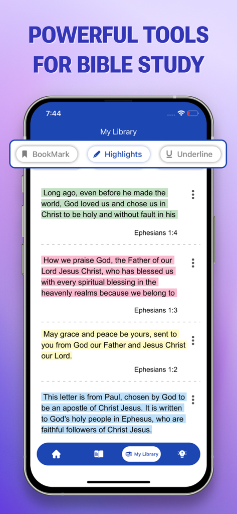 iPhone screen showing The Message Bible app with highlighted scripture verses and study tools like bookmarks and underlines.