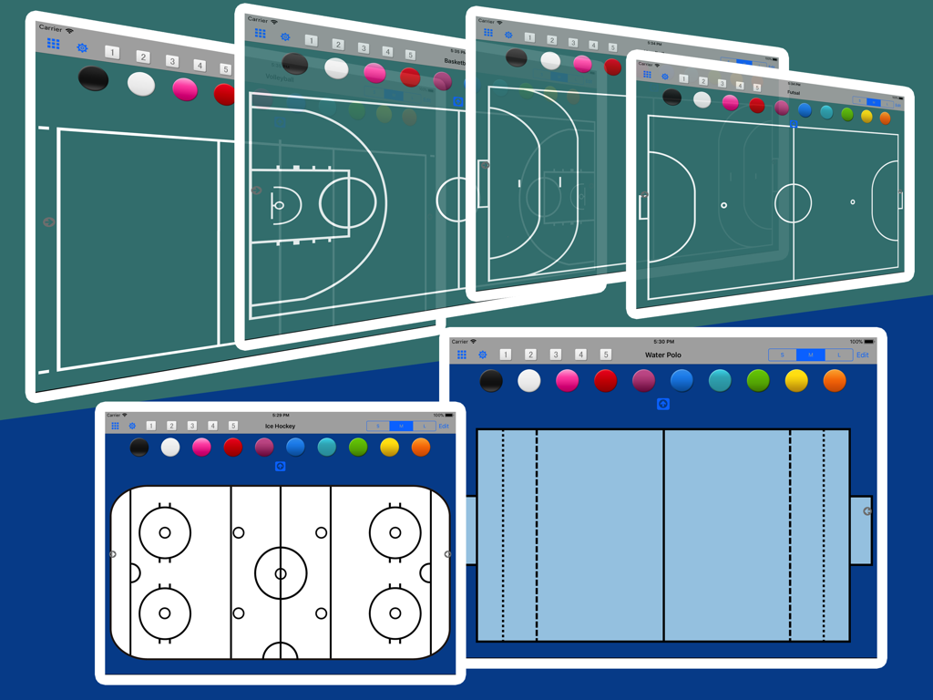 Collage of iPad screens showing the Magnet Boards app with different sports strategy layouts including basketball and hockey.