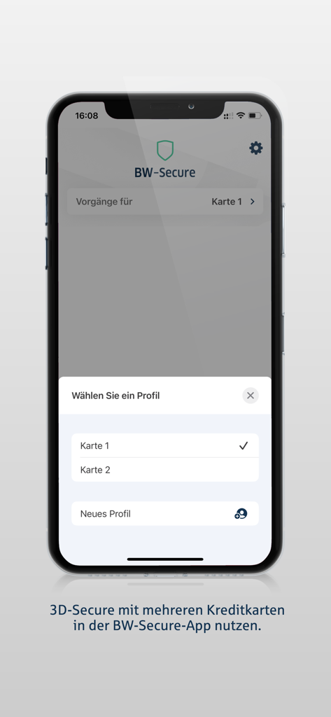 BW-Secure mit 3D-Secure - BW-Secure App-Oberfläche auf dem iPhone, die ein Auswahlmenü für mehrere Kreditkartenprofile zeigt.