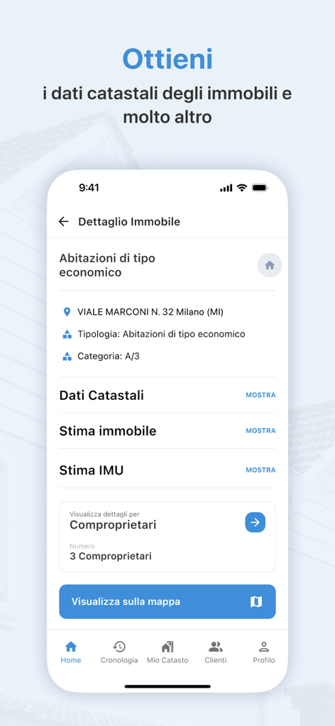 Mobile app interface displaying real estate property details including address and cadastral records