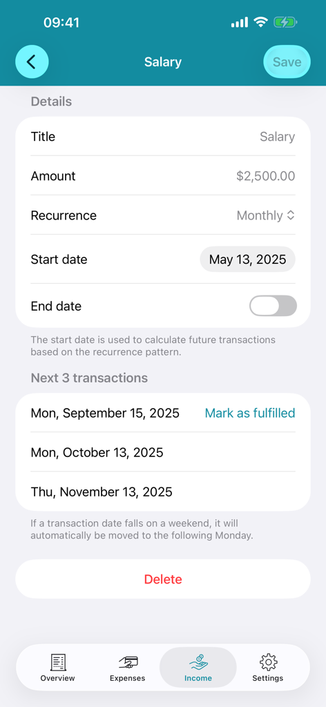 Financial Overview app interface showing monthly salary income details and scheduled transaction dates